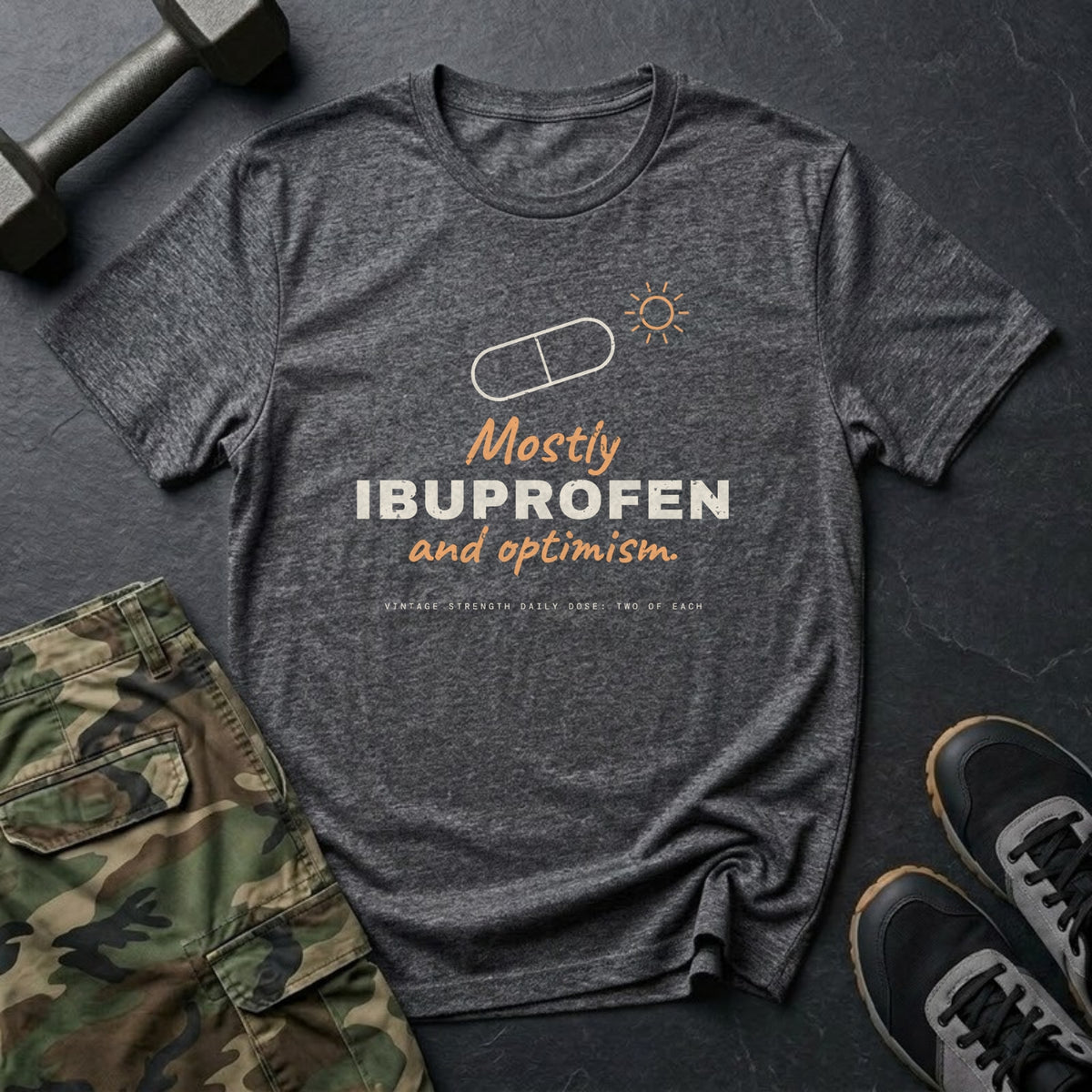 Mostly Ibuprofen and Optimism T-Shirt in Dark Heather