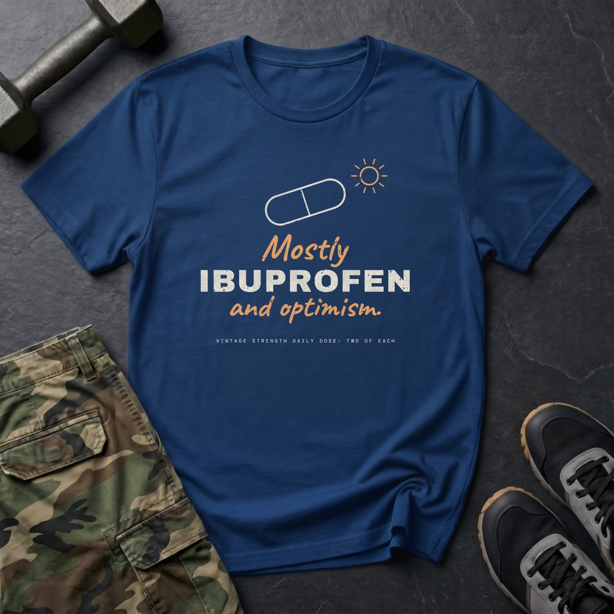 Mostly Ibuprofen and Optimism T-Shirt in Heather Navy
