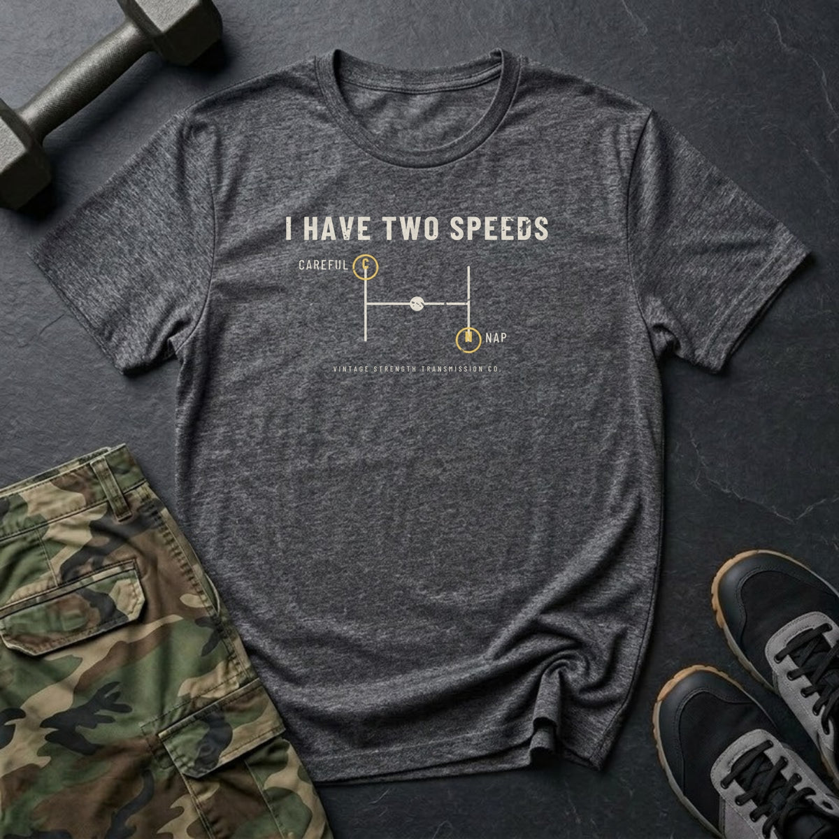 I Have Two Speeds: Careful and Nap T-Shirt in Dark Heather