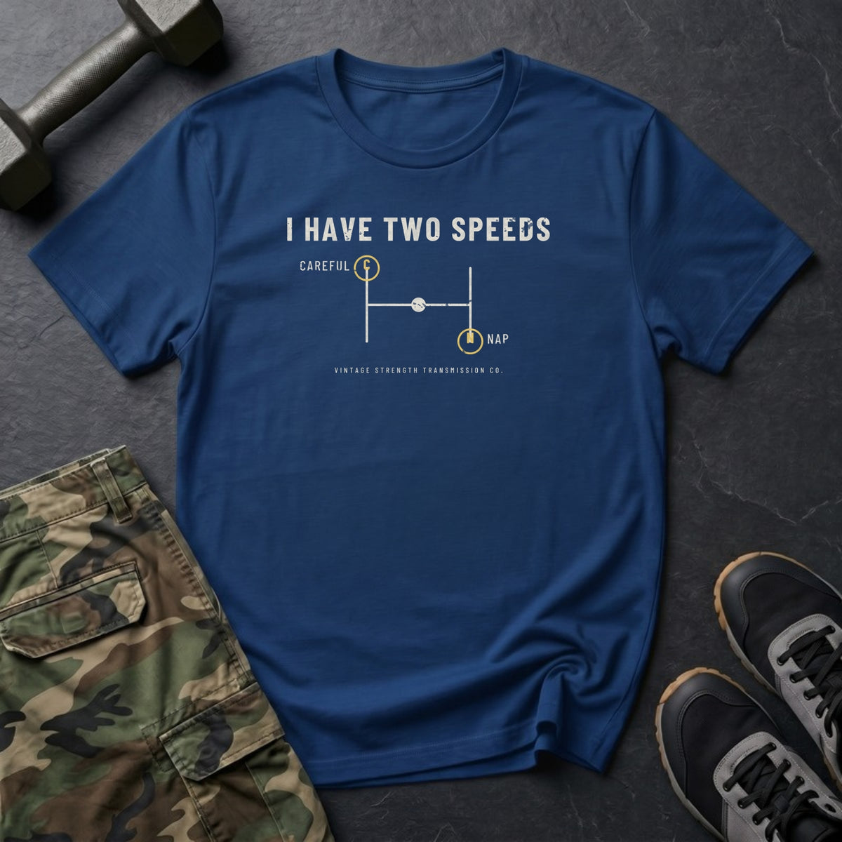 I Have Two Speeds: Careful and Nap T-Shirt in Heather Navy