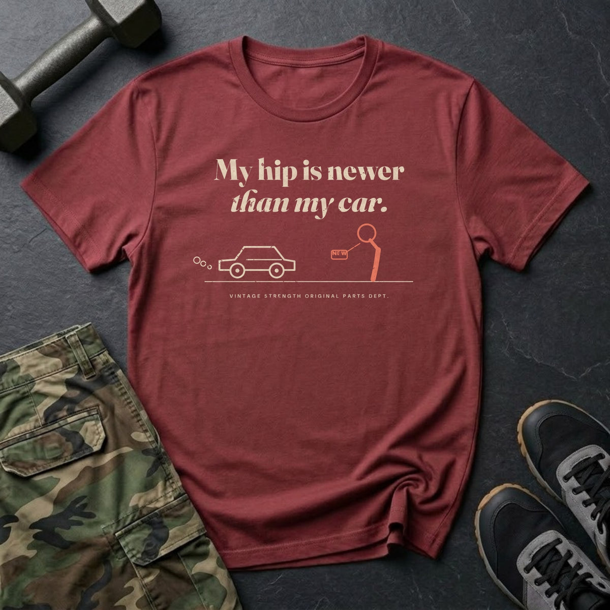 My Hip Is Newer Than My Car T-Shirt in Heather Cardinal