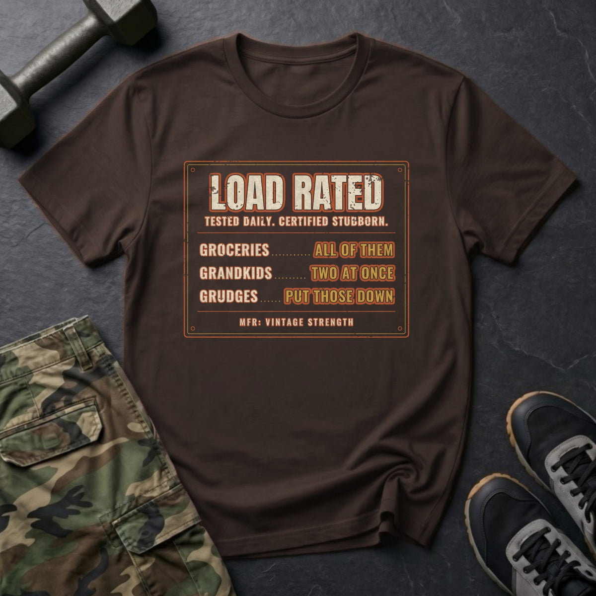 Load Rated: Groceries, Grandkids, Grudges T-Shirt in Dark Chocolate