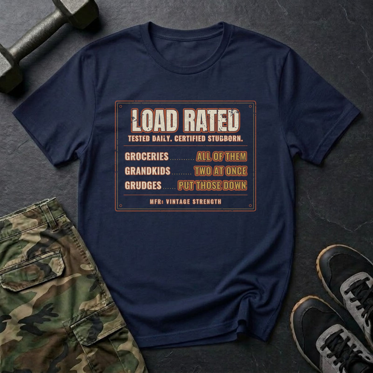 Load Rated: Groceries, Grandkids, Grudges T-Shirt in Navy