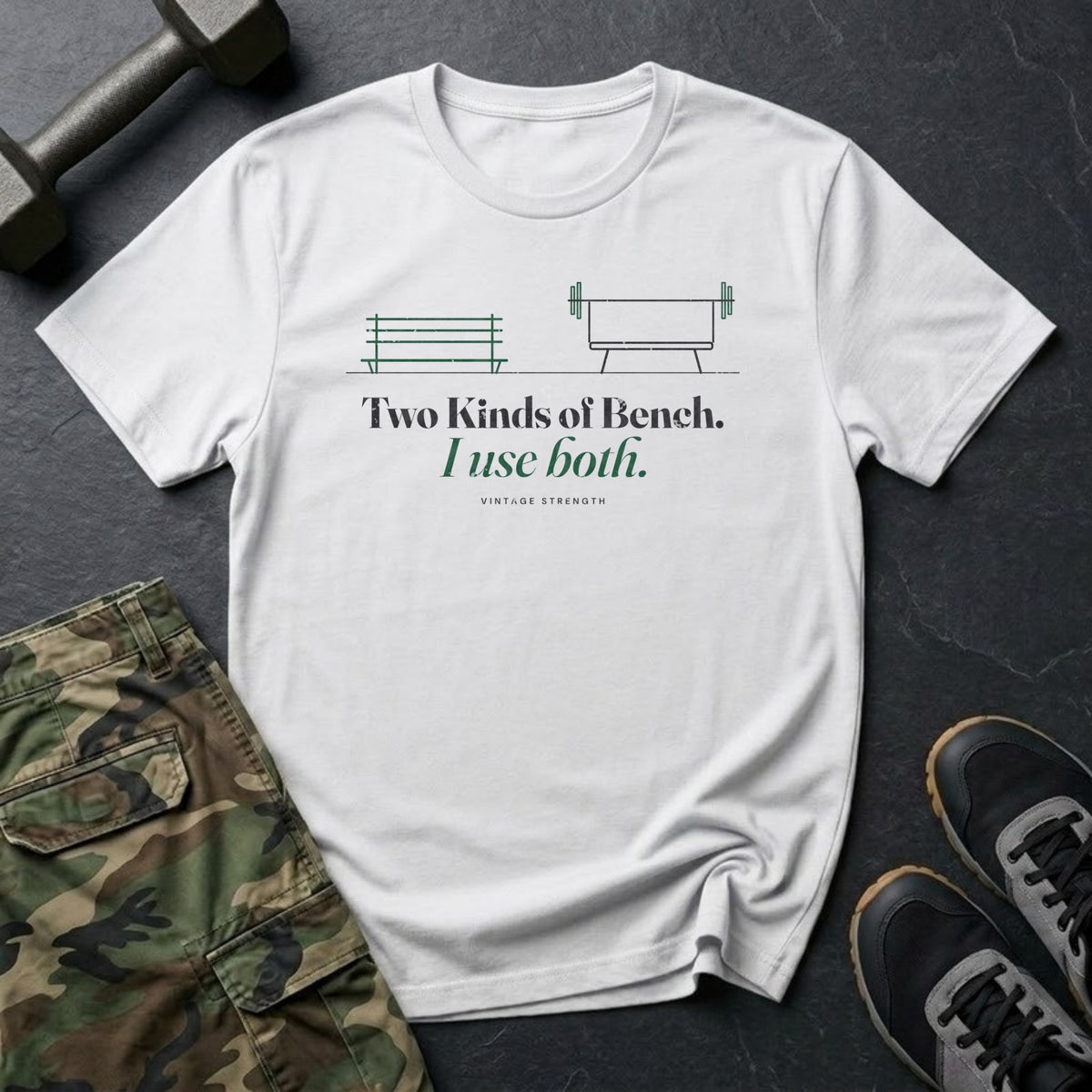 Two Kinds of Bench. I Use Both. T-Shirt in White