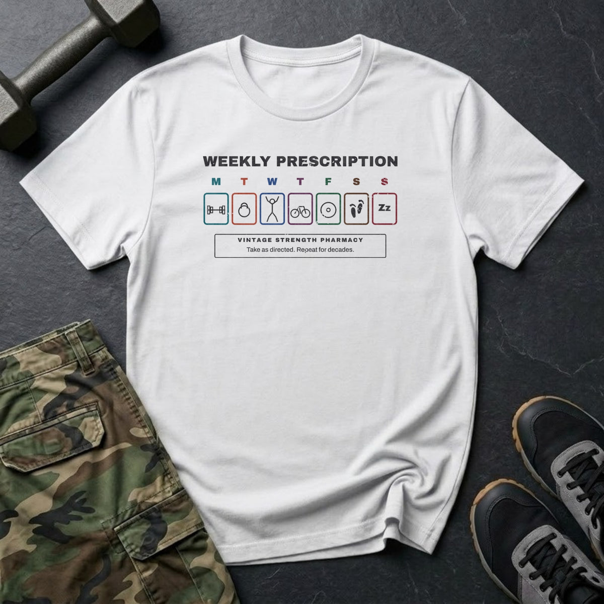 Weekly Prescription: Take as Directed. Repeat for Decades. T-Shirt in White