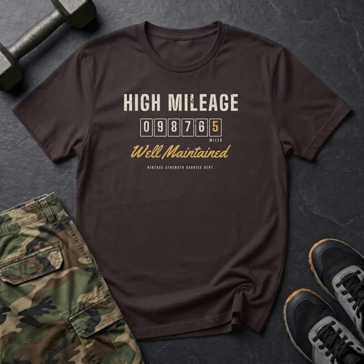 High Mileage. Well Maintained. T-Shirt in Dark Chocolate