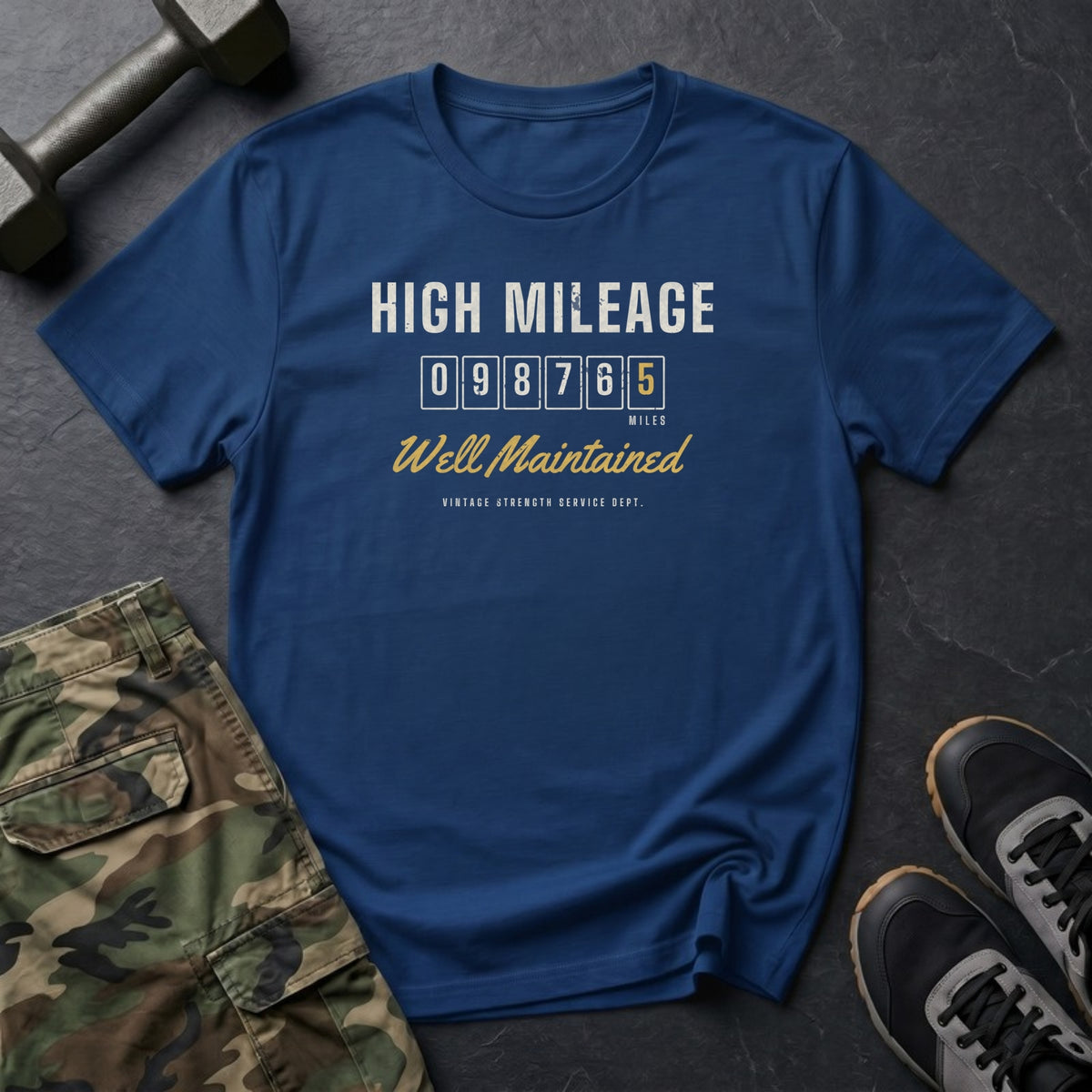 High Mileage. Well Maintained. T-Shirt in Heather Navy