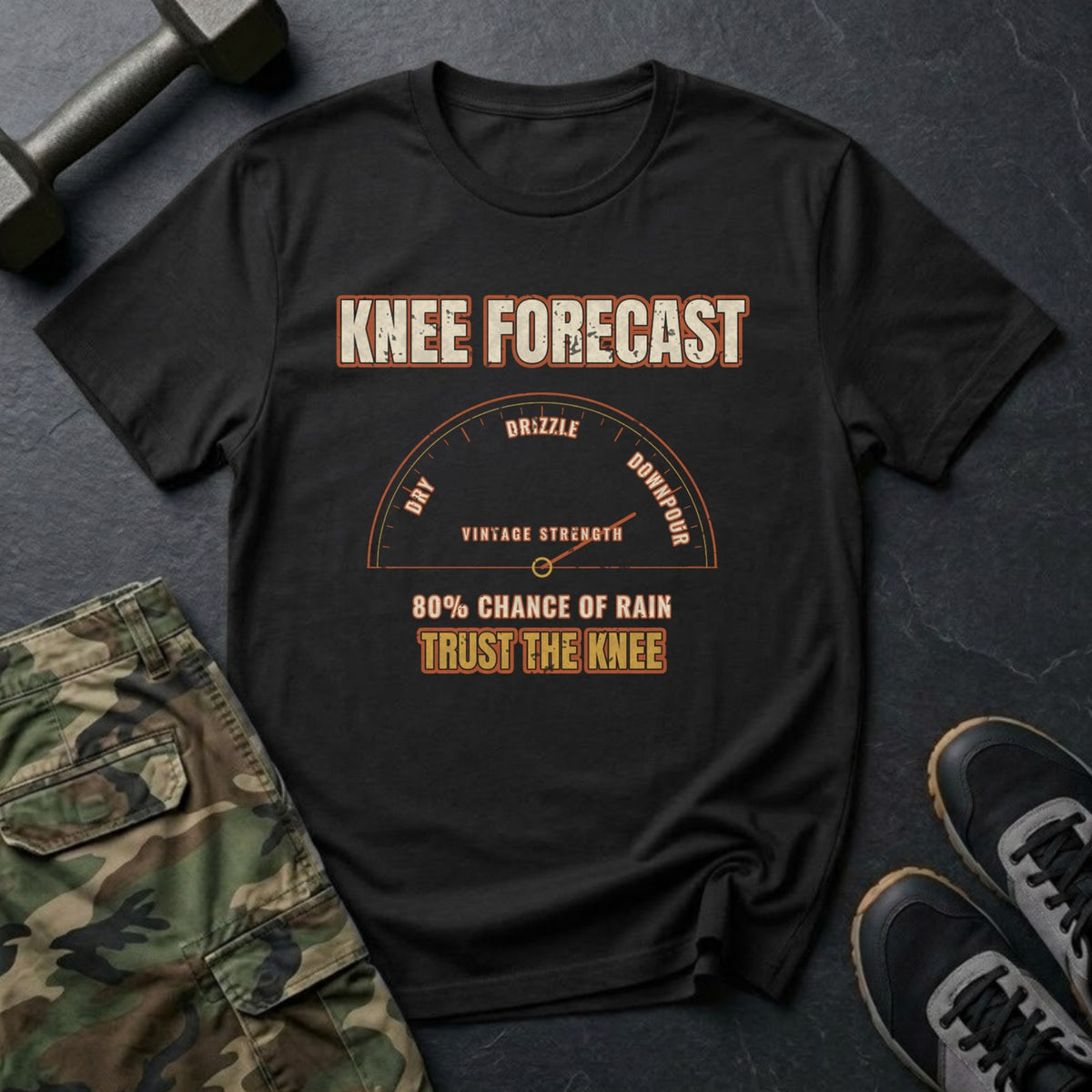 Knee Forecast: 80% Chance of Rain T-Shirt in Black