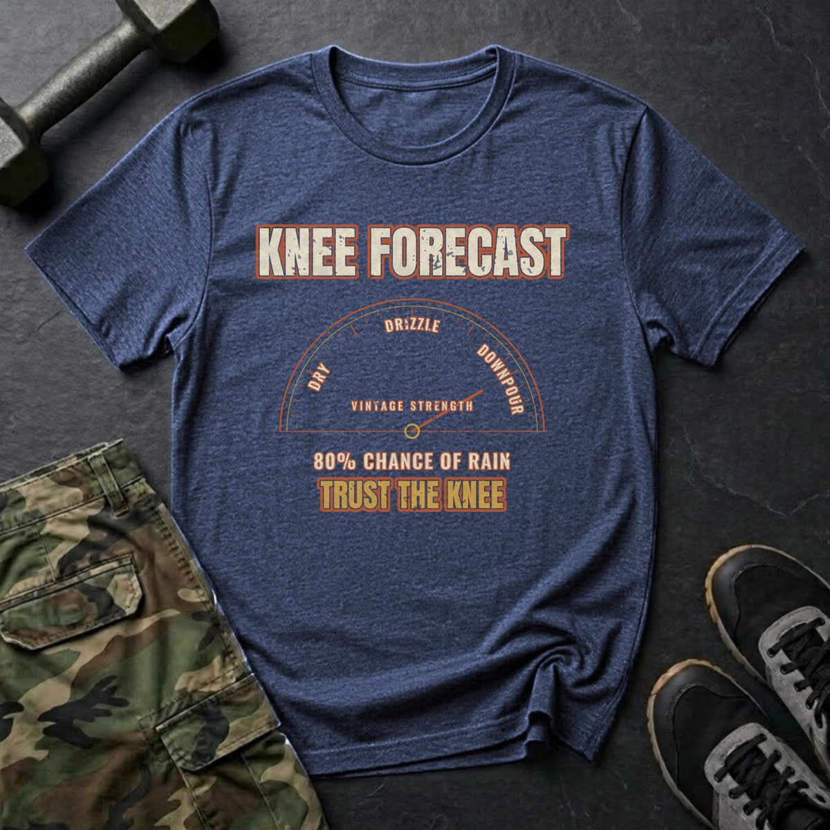 Knee Forecast: 80% Chance of Rain T-Shirt in Heather Navy
