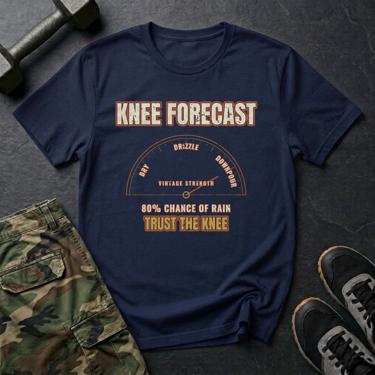 Knee Forecast: 80% Chance of Rain T-Shirt in Navy