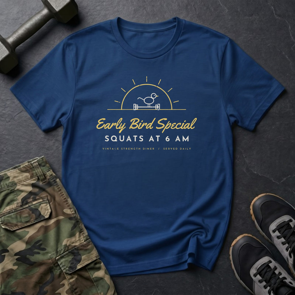 Early Bird Special: Squats at 6 AM T-Shirt in Heather Navy