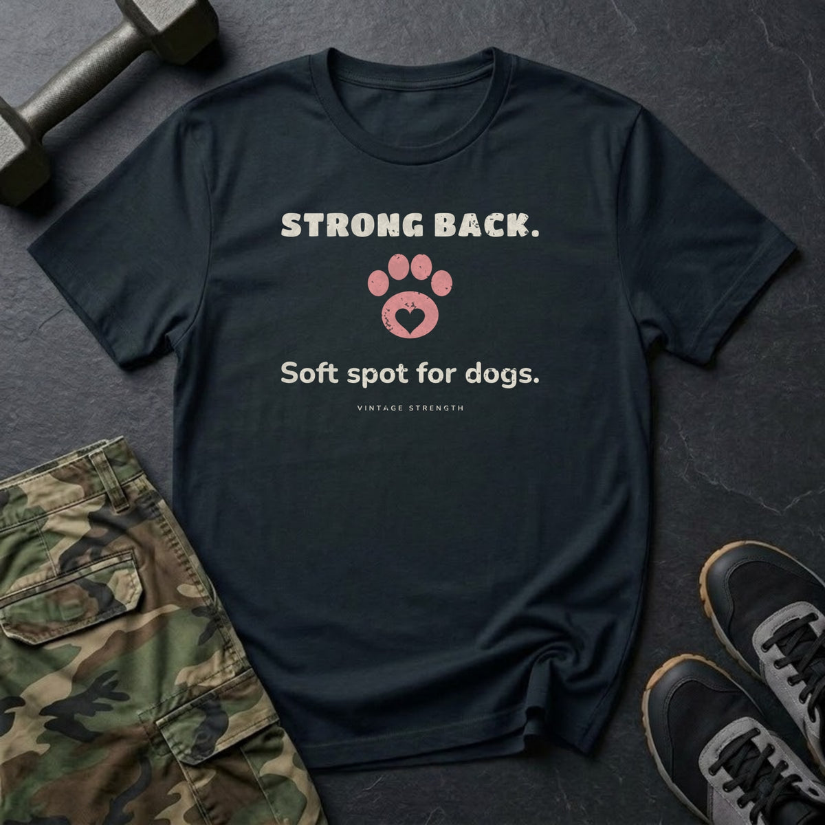 Strong Back. Soft Spot for Dogs. T-Shirt in Black