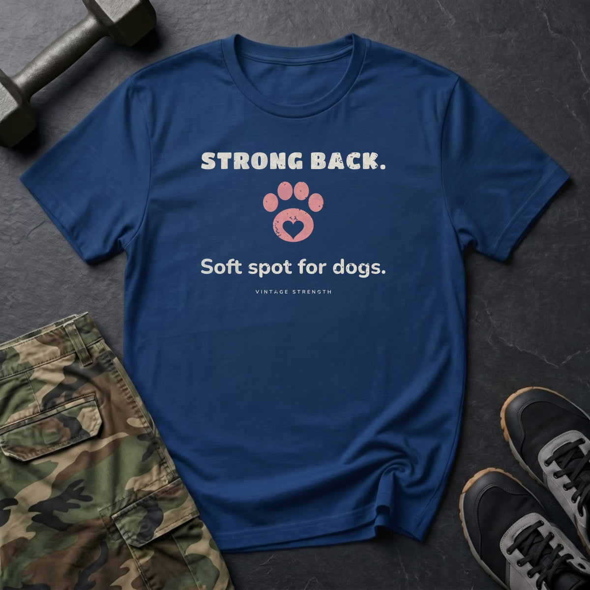 Strong Back. Soft Spot for Dogs. T-Shirt in Heather Navy