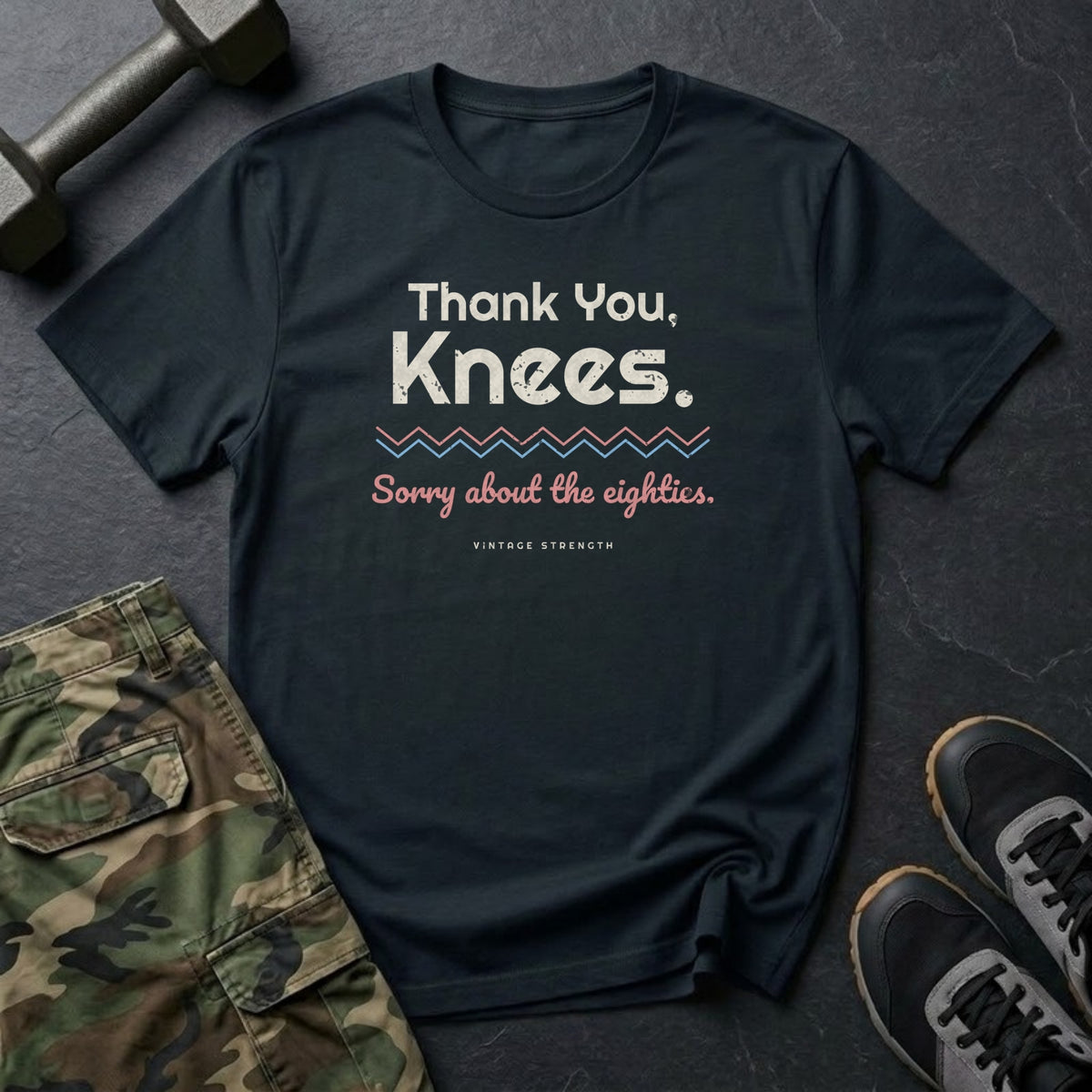 Thank You, Knees. Sorry About the Eighties. T-Shirt in Black