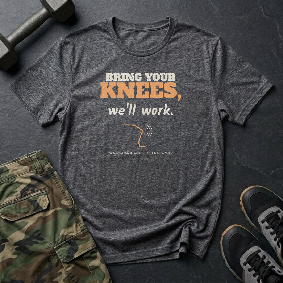 Bring Your Knees, We'll Work T-Shirt in Dark Heather