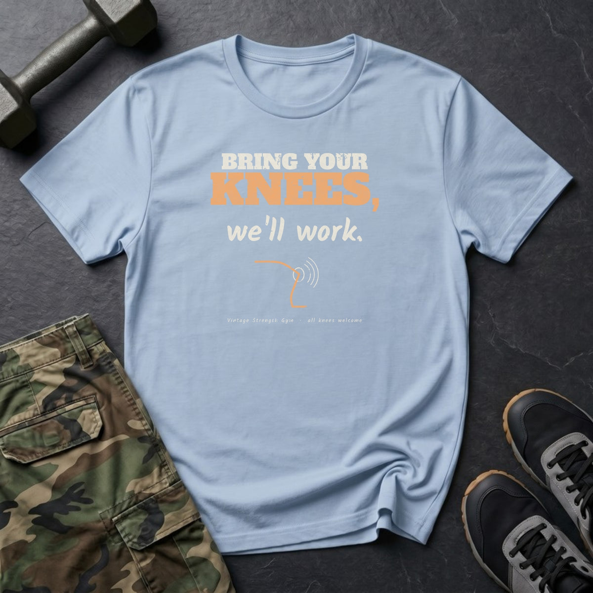 Bring Your Knees, We'll Work T-Shirt in Heather Navy