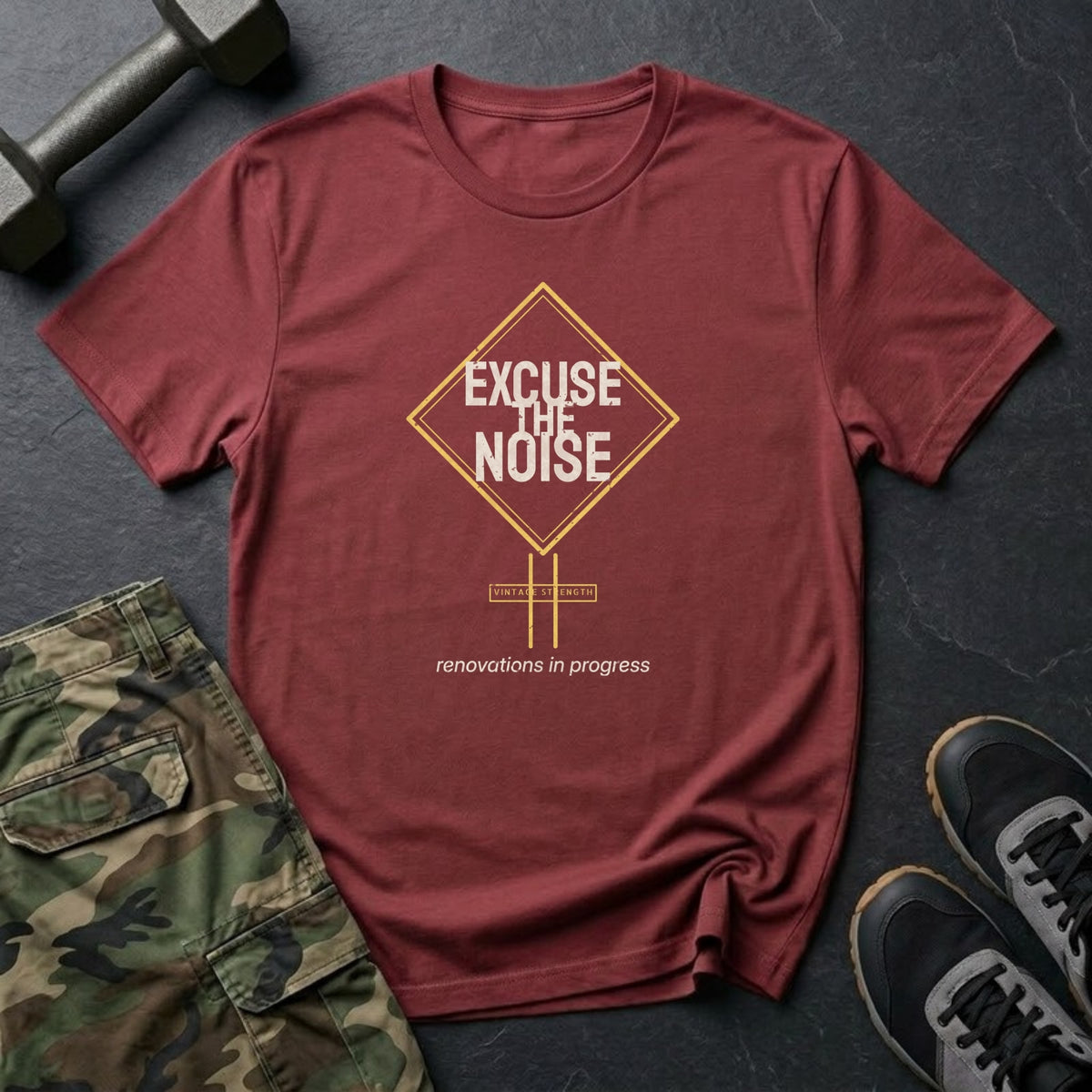 Excuse the Noise: Renovations in Progress T-Shirt in Heather Cardinal