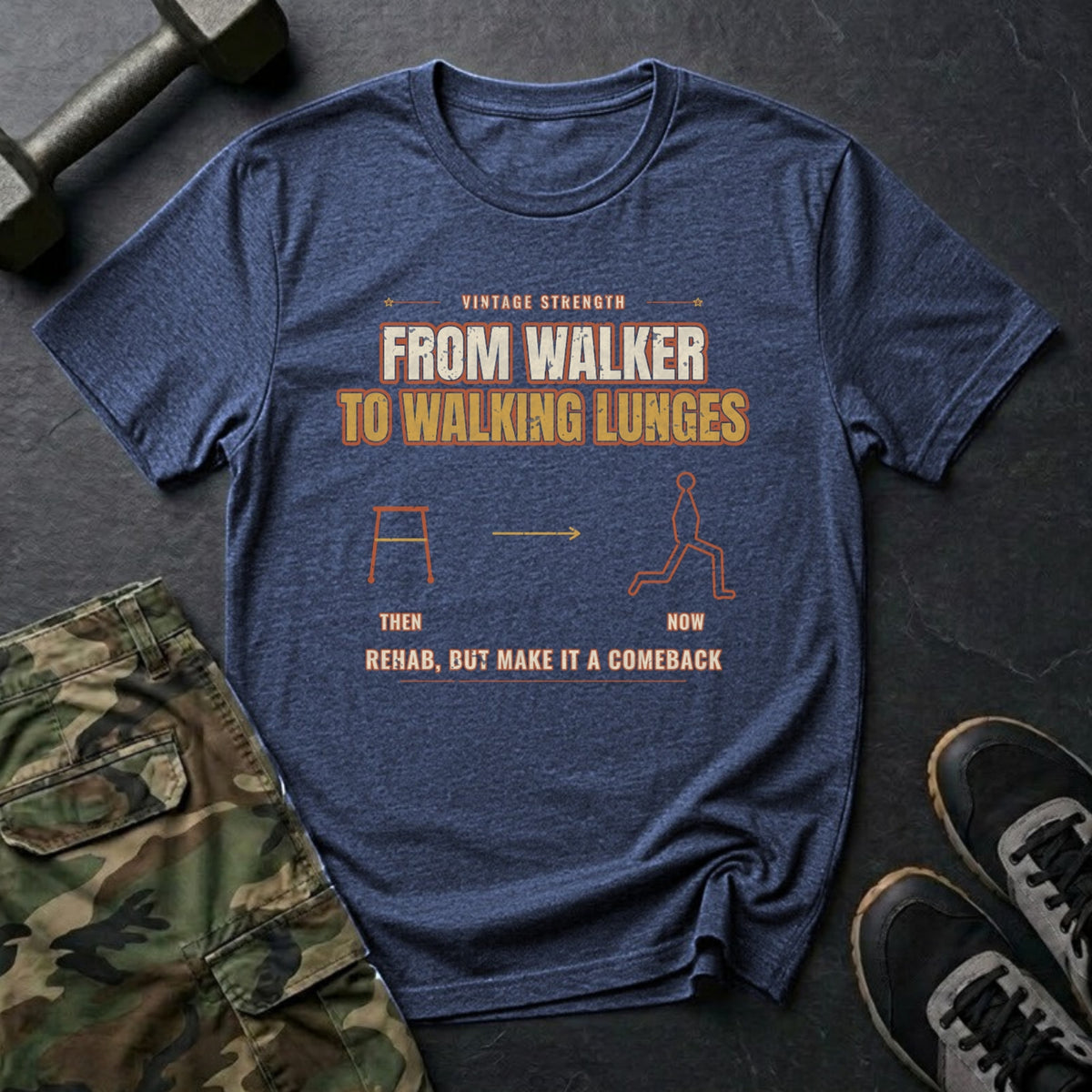 From Walker to Walking Lunges T-Shirt in Heather Navy