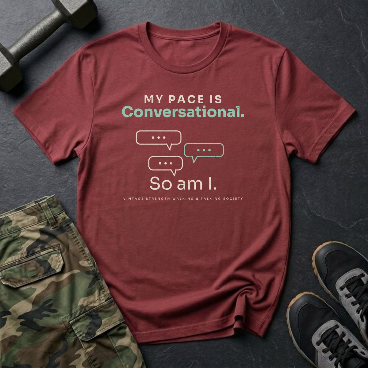My Pace Is Conversational. So Am I. T-Shirt in Heather Cardinal