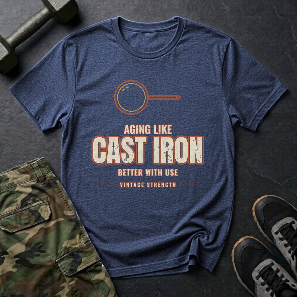 Aging Like Cast Iron: Better With Use T-Shirt in Heather Navy