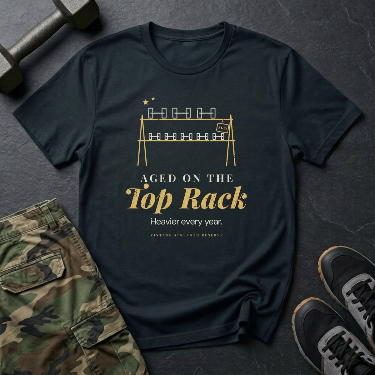 Aged on the Top Rack T-Shirt in Black