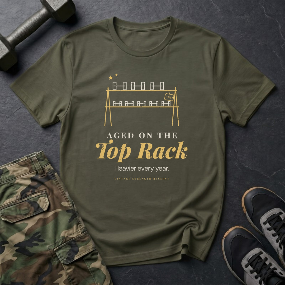 Aged on the Top Rack T-Shirt in Military Green