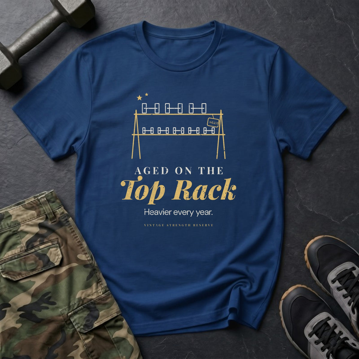 Aged on the Top Rack T-Shirt in Heather Navy