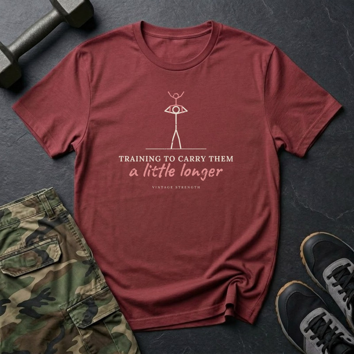 Training to Carry Them a Little Longer T-Shirt in Heather Cardinal