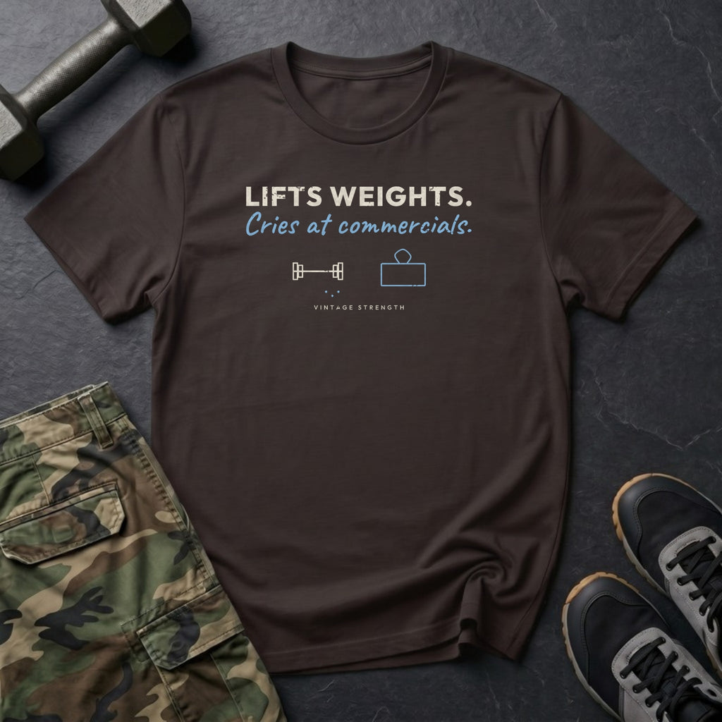 Lifts Weights. Cries at Commercials. T-Shirt in Dark Chocolate