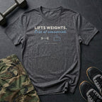 Lifts Weights. Cries at Commercials. T-Shirt in Dark Heather