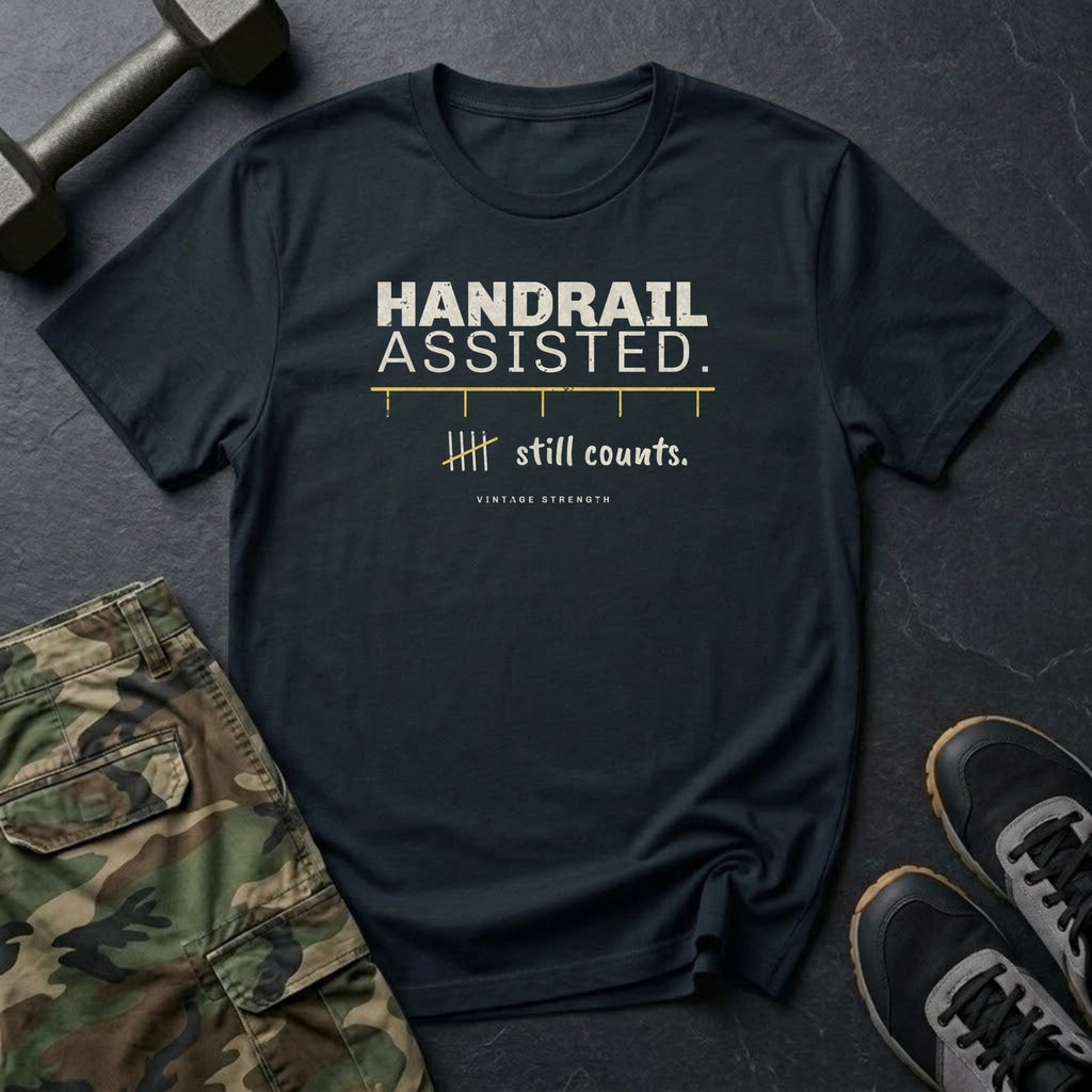 Handrail Assisted. Still Counts. T-Shirt in Black