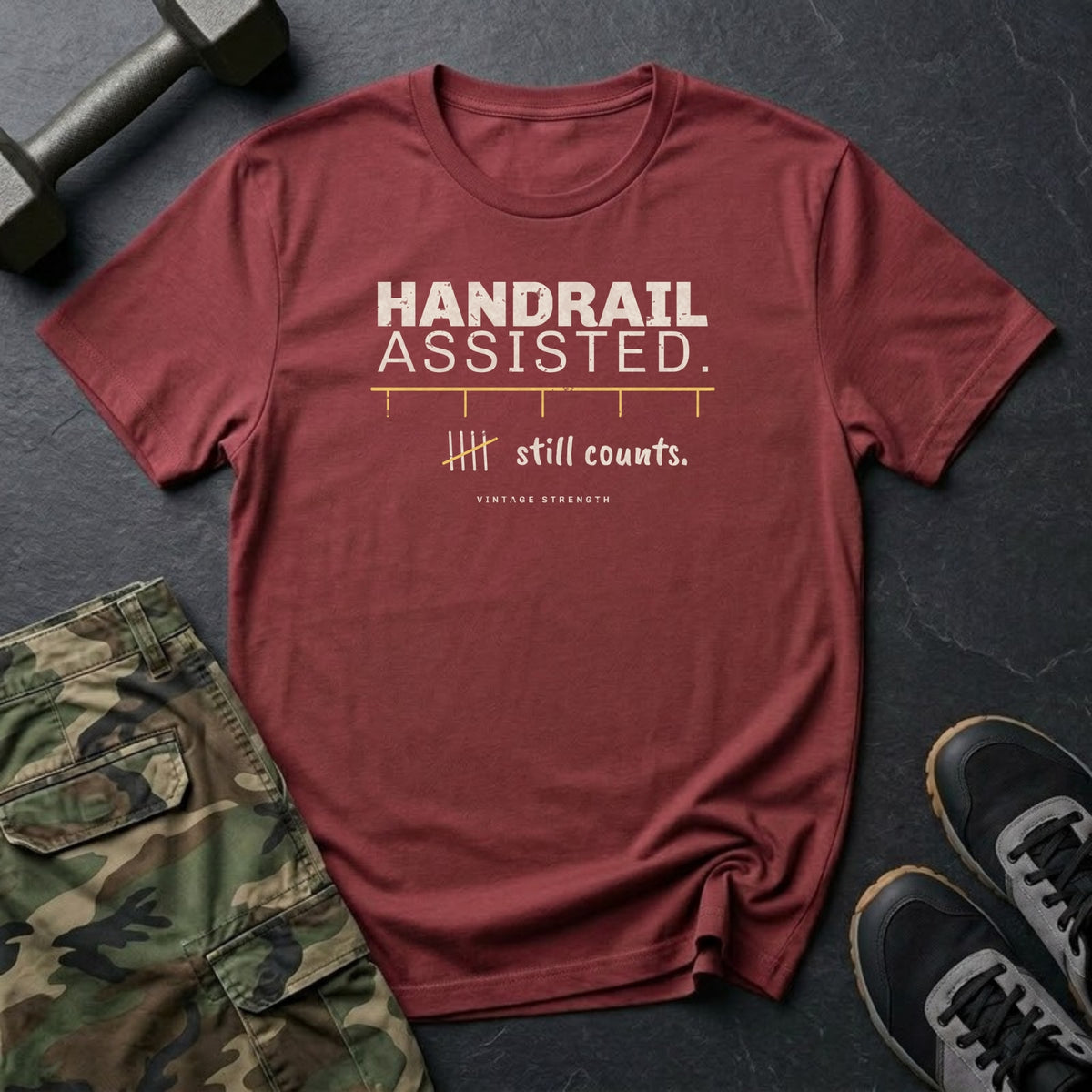 Handrail Assisted. Still Counts. T-Shirt in Heather Cardinal