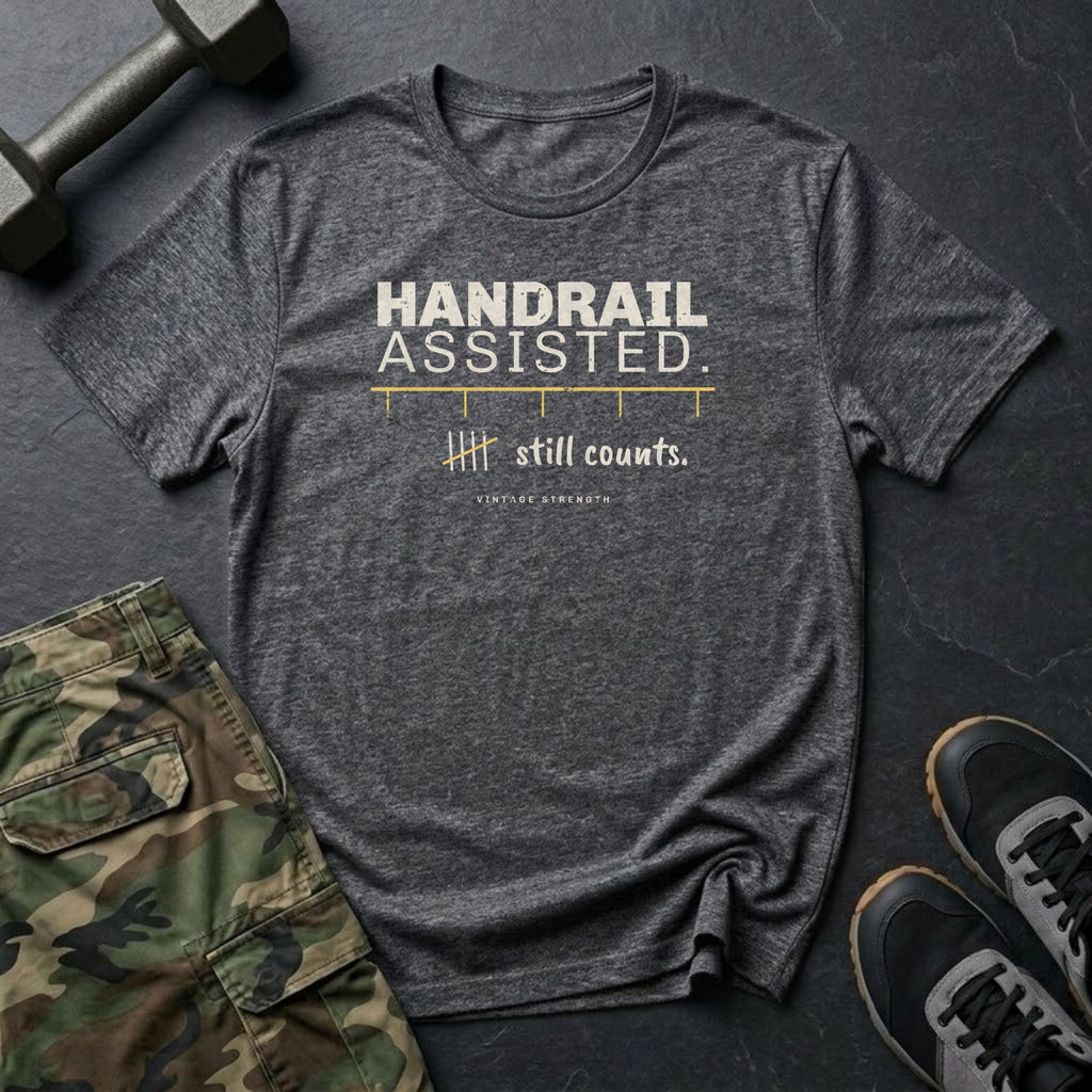 Handrail Assisted. Still Counts. T-Shirt in Dark Heather