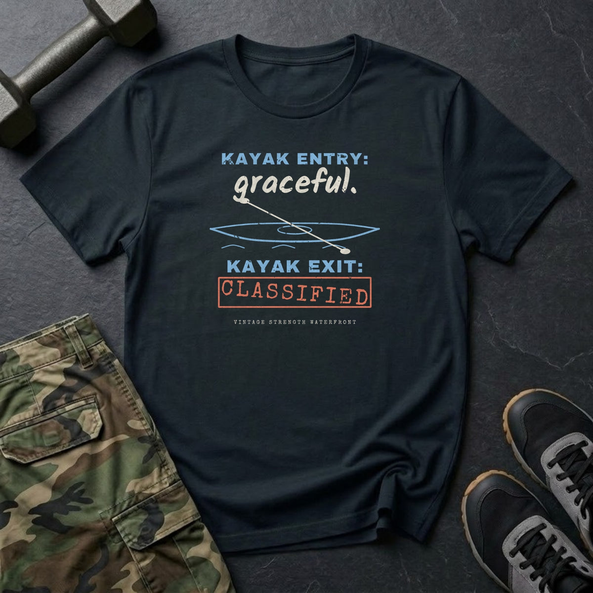 Kayak Entry: Graceful. Kayak Exit: Classified. T-Shirt in Black