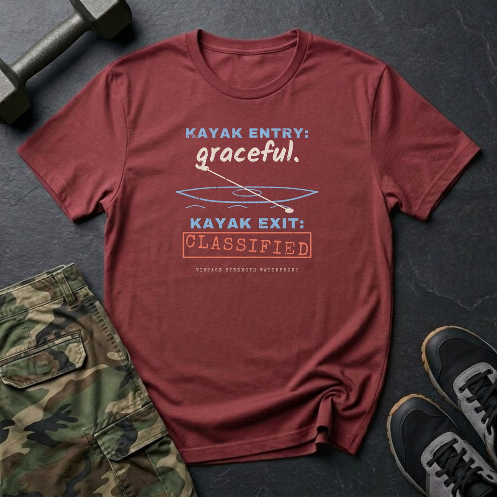 Kayak Entry: Graceful. Kayak Exit: Classified. T-Shirt in Heather Cardinal