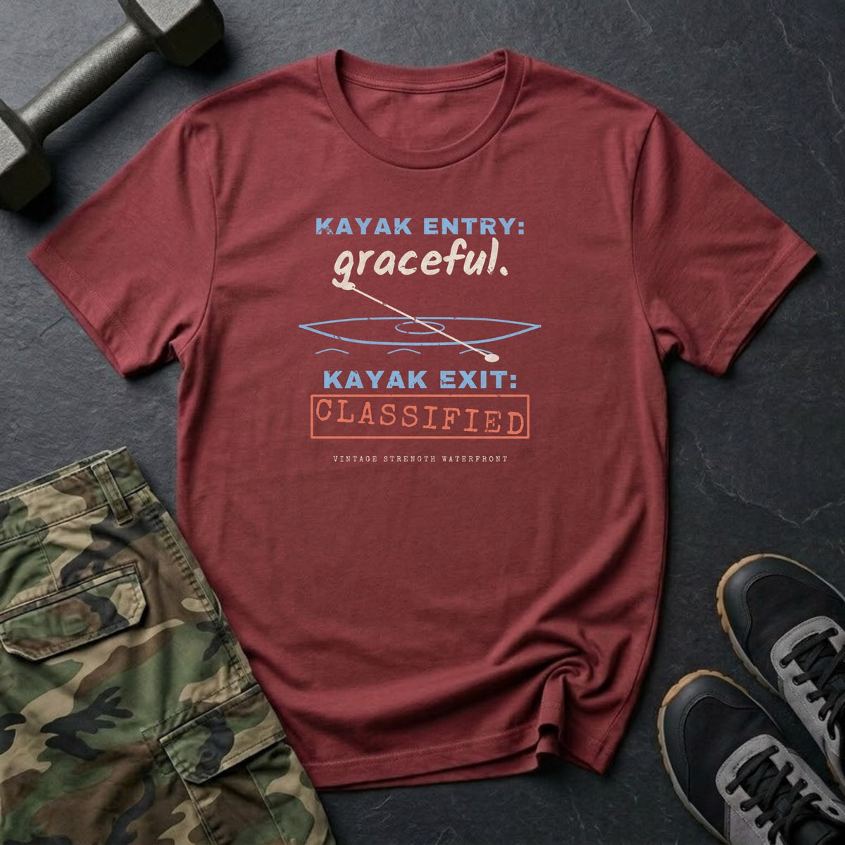Kayak Entry: Graceful. Kayak Exit: Classified. T-Shirt in Heather Cardinal