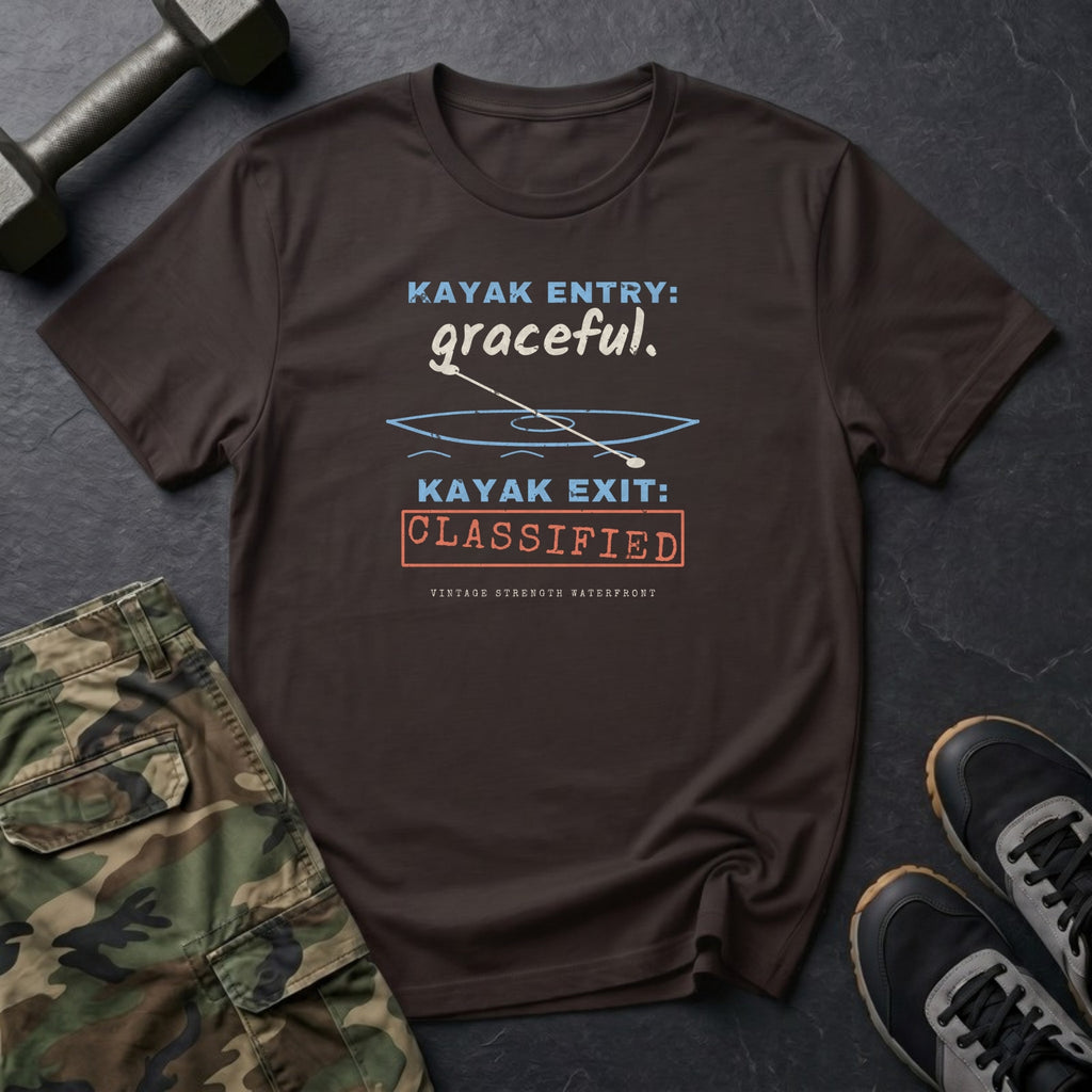 Kayak Entry: Graceful. Kayak Exit: Classified. T-Shirt in Dark Chocolate