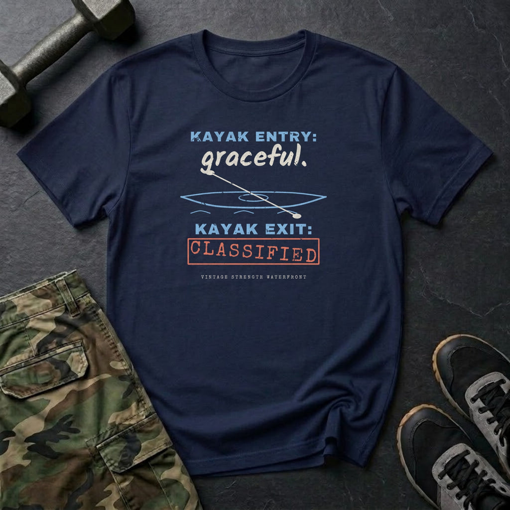 Kayak Entry: Graceful. Kayak Exit: Classified. T-Shirt in Navy