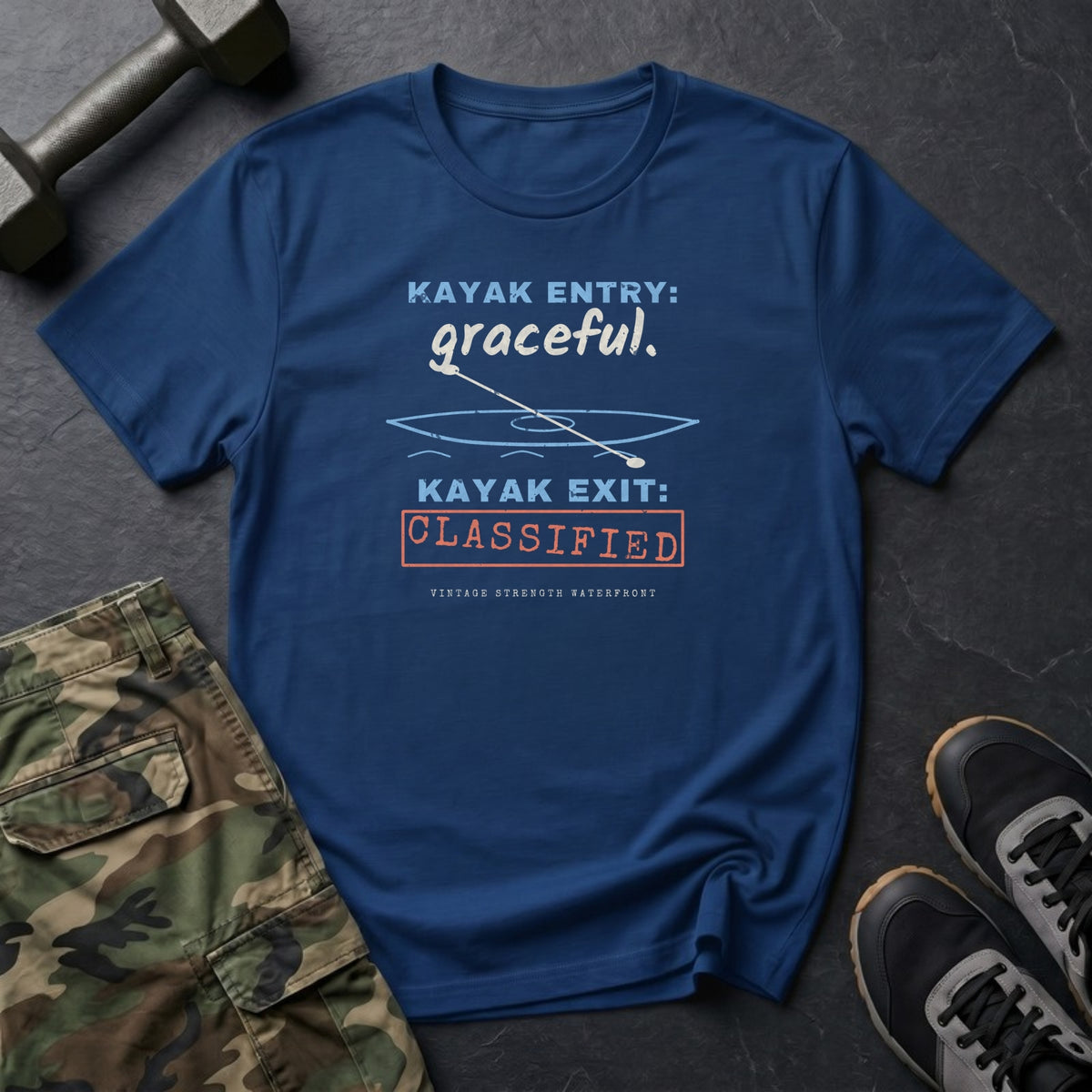 Kayak Entry: Graceful. Kayak Exit: Classified. T-Shirt in Heather Navy