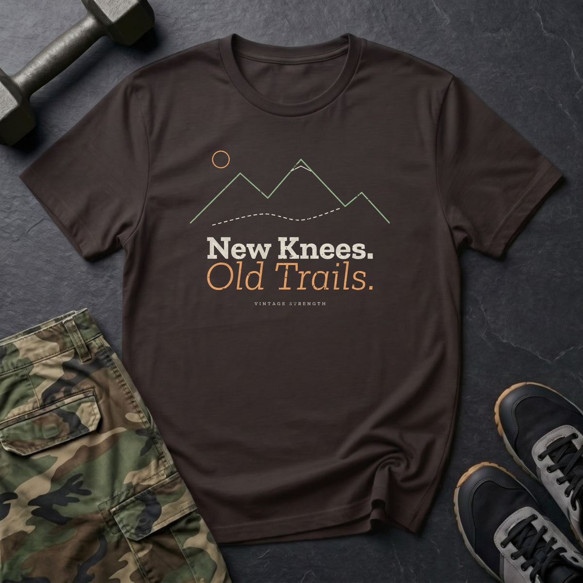New Knees. Old Trails. T-Shirt in Dark Chocolate