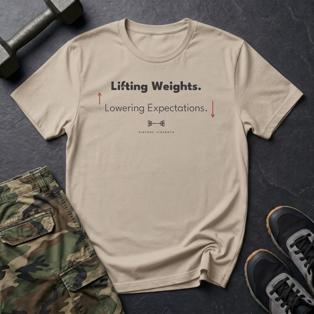 Lifting Weights. Lowering Expectations. T-Shirt in Sand