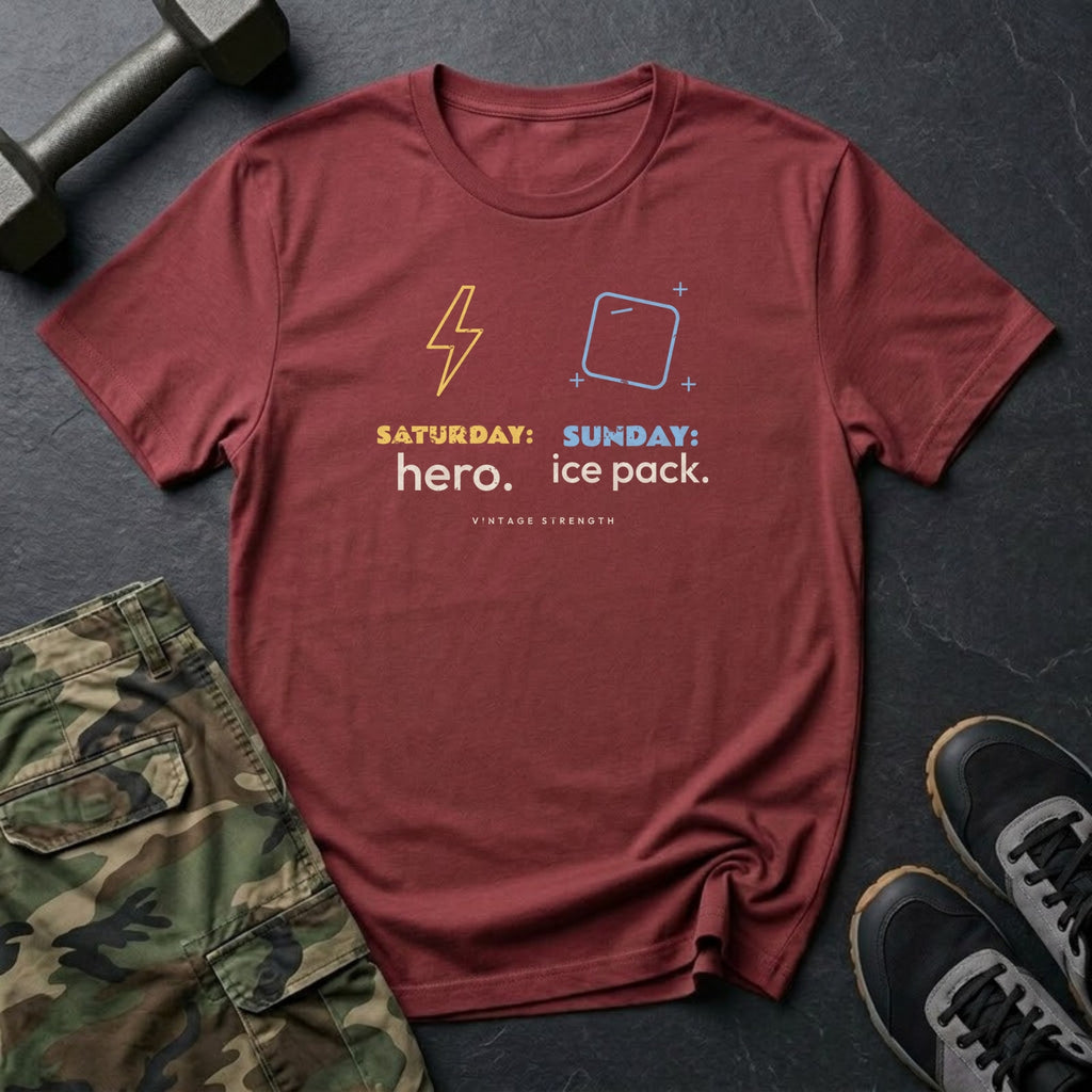 Saturday: Hero. Sunday: Ice Pack. T-Shirt in Heather Cardinal