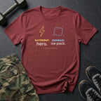 Saturday: Hero. Sunday: Ice Pack. T-Shirt in Heather Cardinal