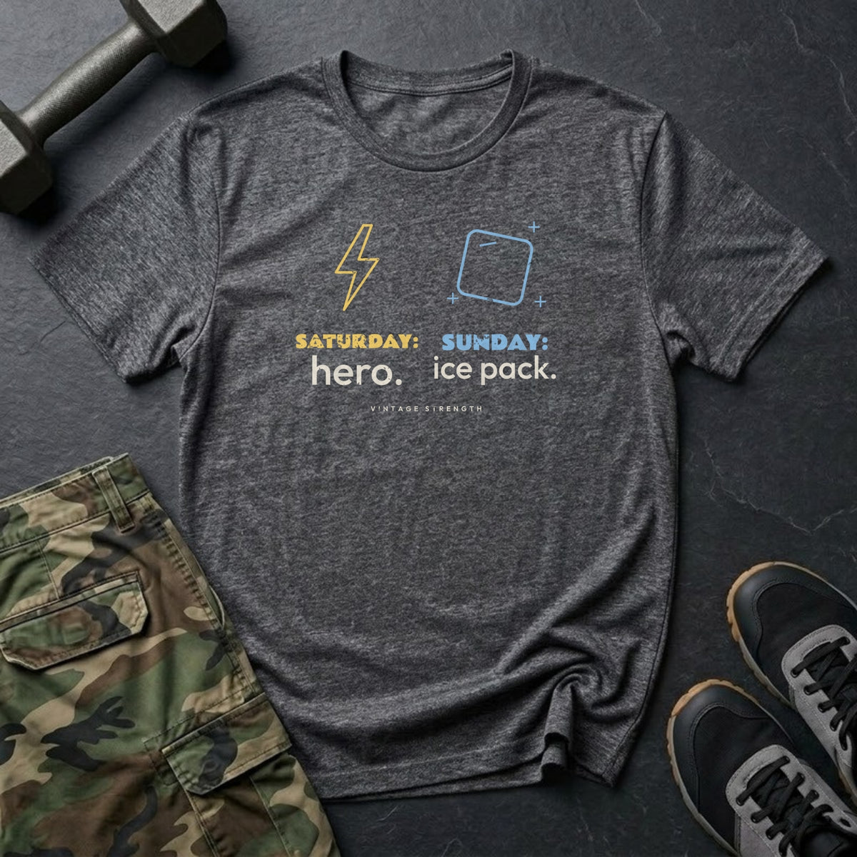 Saturday: Hero. Sunday: Ice Pack. T-Shirt in Dark Heather