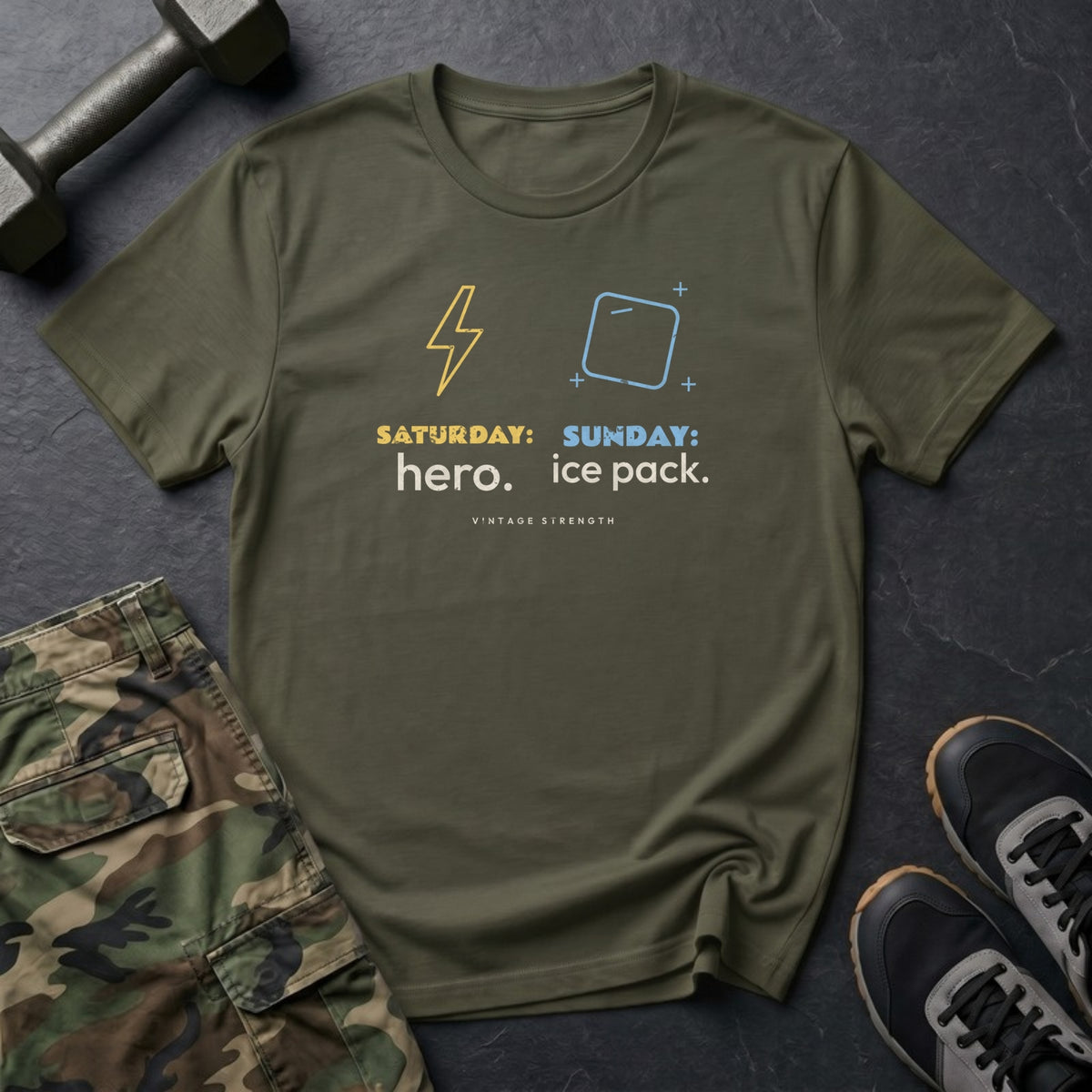 Saturday: Hero. Sunday: Ice Pack. T-Shirt in Military Green