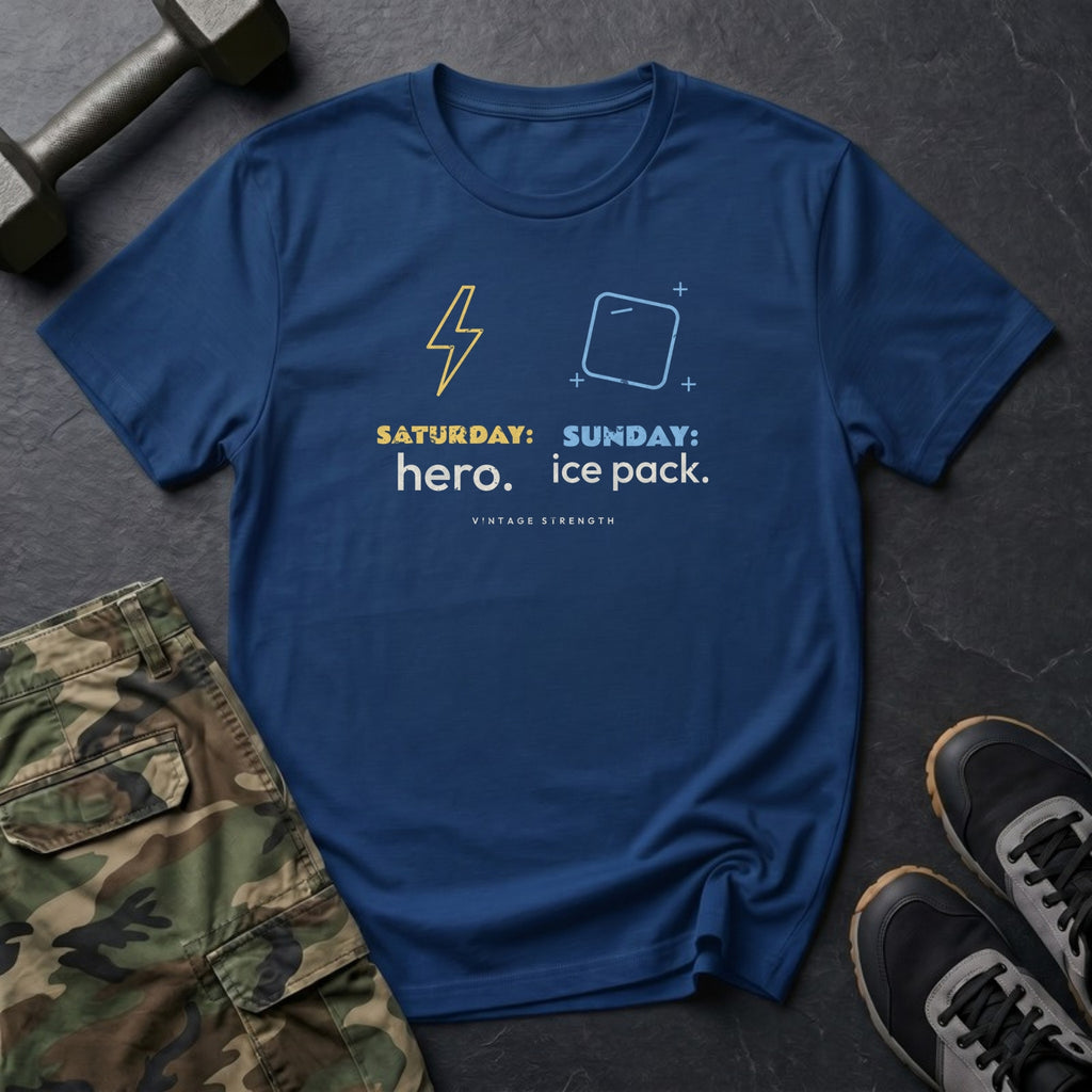 Saturday: Hero. Sunday: Ice Pack. T-Shirt in Heather Navy