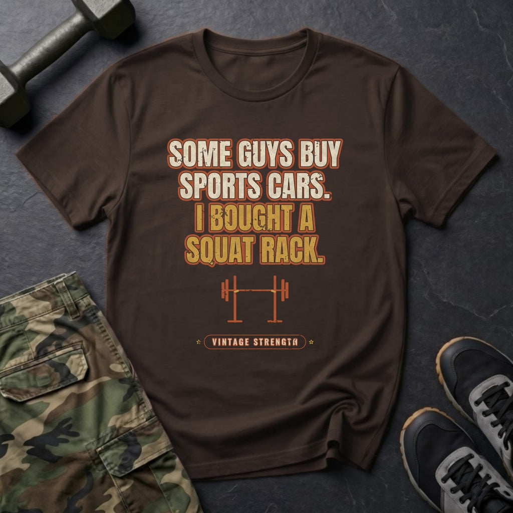 Some Guys Buy Sports Cars. I Bought a Squat Rack. T-Shirt in Dark Chocolate