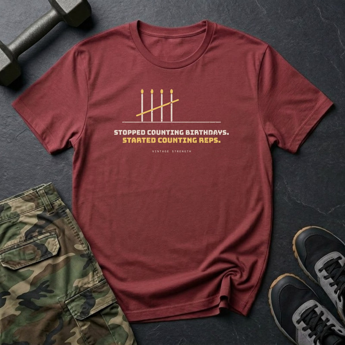 Stopped Counting Birthdays. Started Counting Reps. T-Shirt in Heather Cardinal