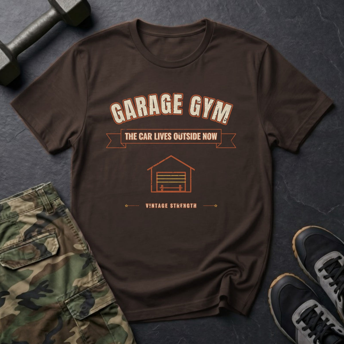 Garage Gym: The Car Lives Outside Now T-Shirt in Dark Chocolate