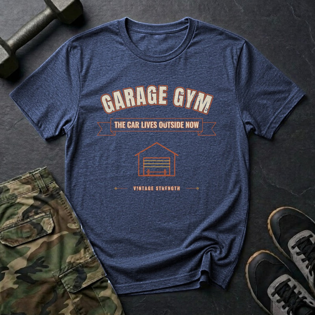 Garage Gym: The Car Lives Outside Now T-Shirt in Heather Navy